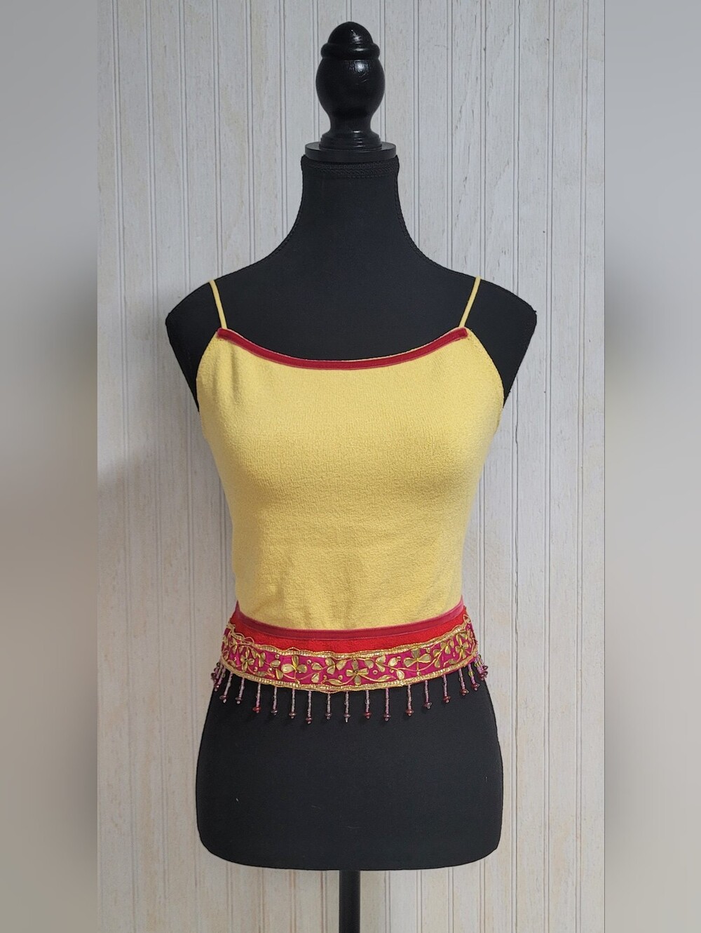 ​Vintage 90s Y2K Cache Yellow Beaded Fringe Open Back Cami Crop Top Large